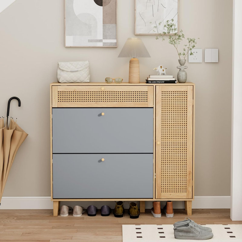 Rattan Shoe Cabinet with Flip Drawers, Natural&Grey