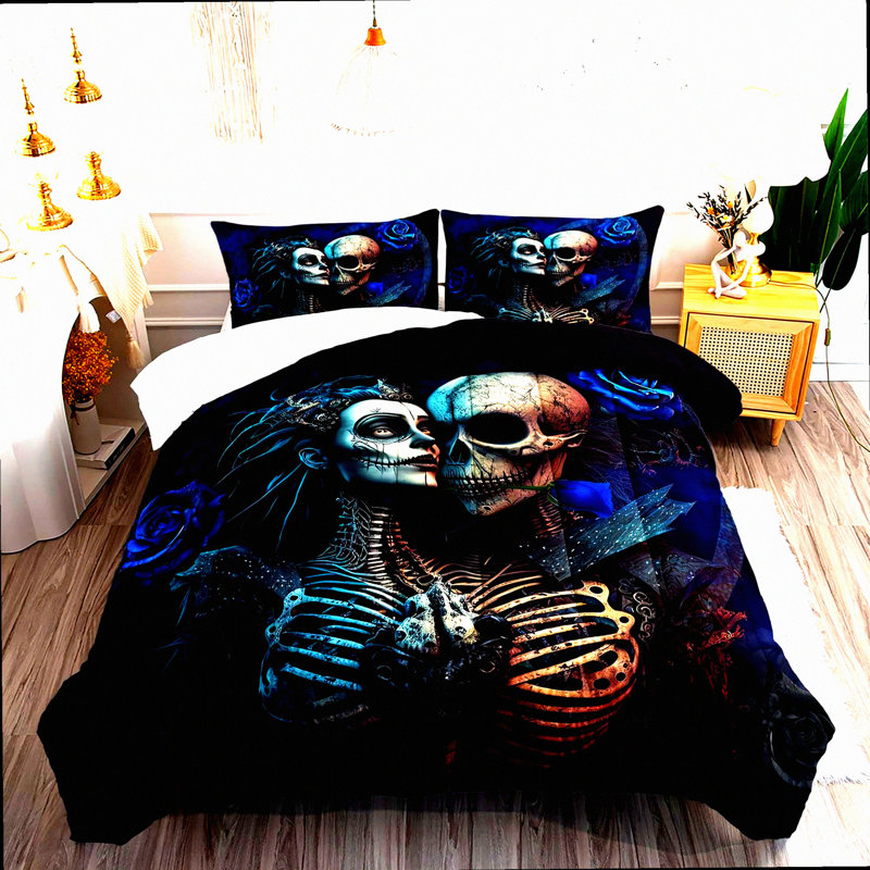 Blue Rose Skull Comforter Set - Queen Size 3D Bedding Set with Skeleton Bones Design - Gothic Duvet Set with Quilt and Pillowcases - Skull Couple Theme