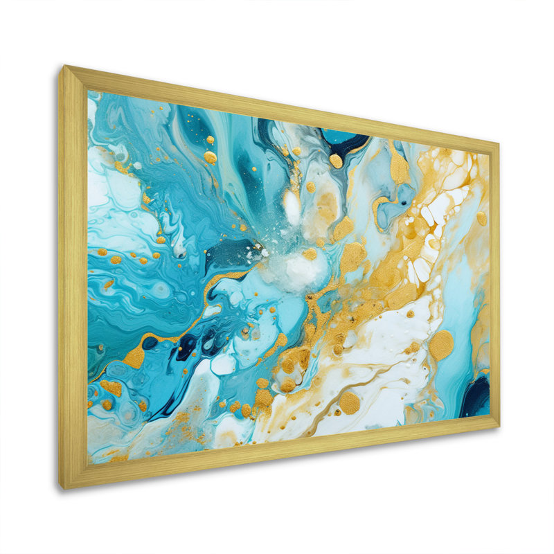 Turquoise luxueux, art fluide abstrait sur toile, H 24 po x l 32 po x P 1 po, Encadrement doré