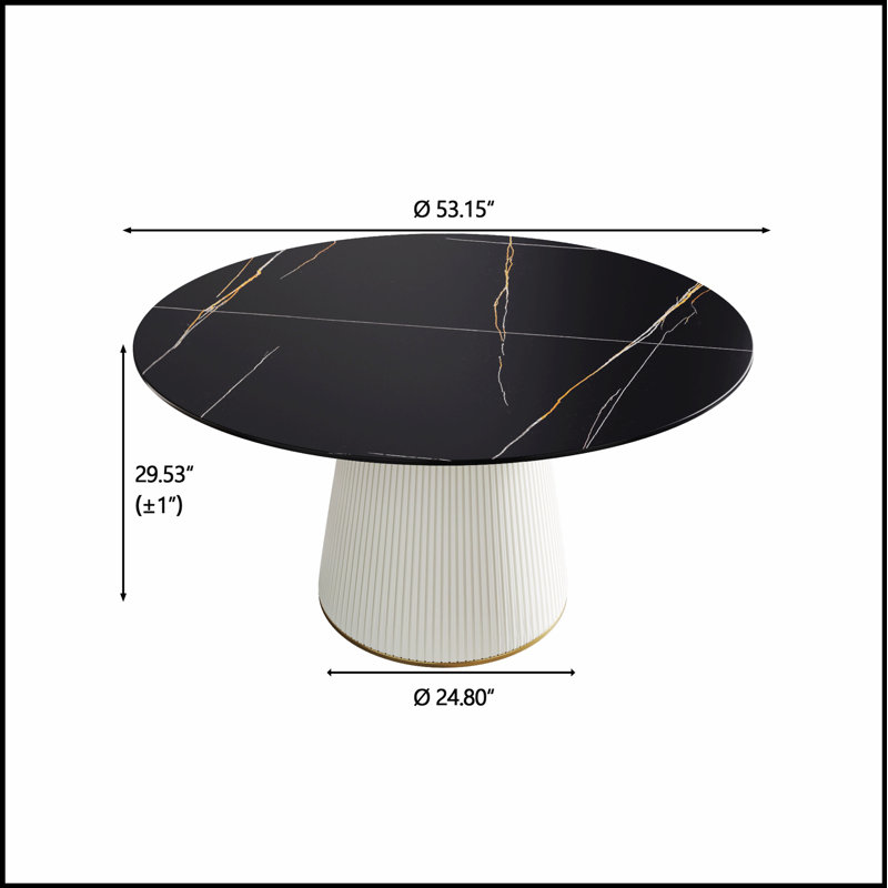 Table de salle à manger ronde moderne en pierre artificielle noire avec base en polyuréthane beige, pouvant accueillir 6 personnes pour des repas et des rassemblements élégants.