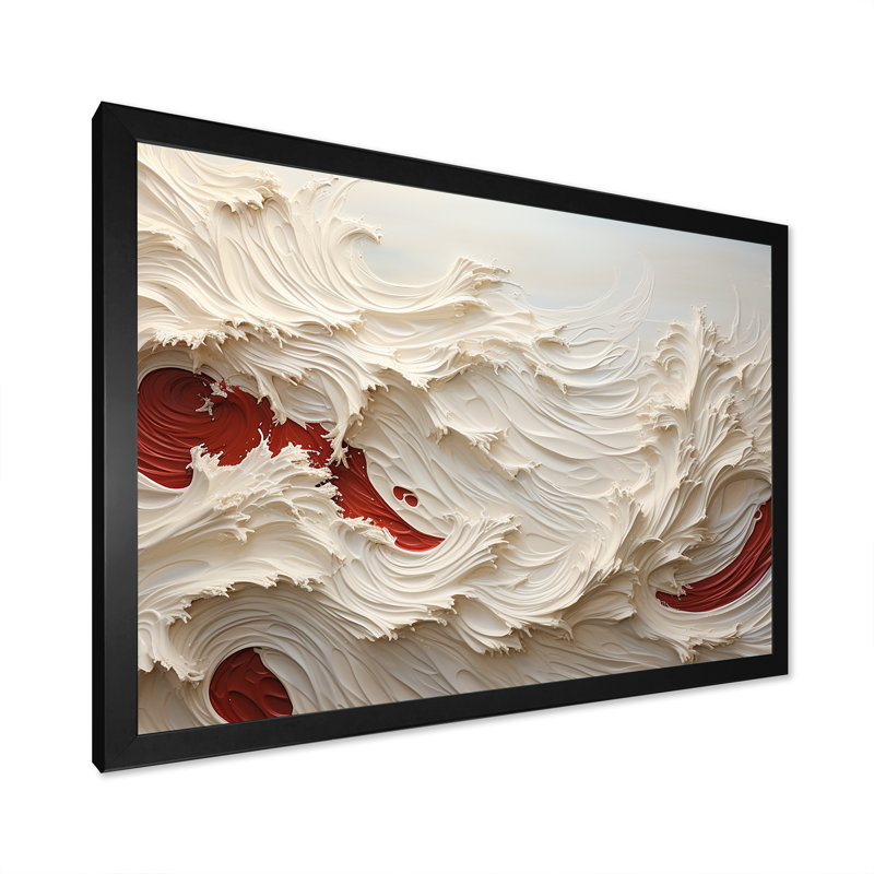 White And Red Wave Papercut Style - Beach & Ocean Wall Art Prints, 24" H x 32" W x 1" D, Black Single Picture Framed