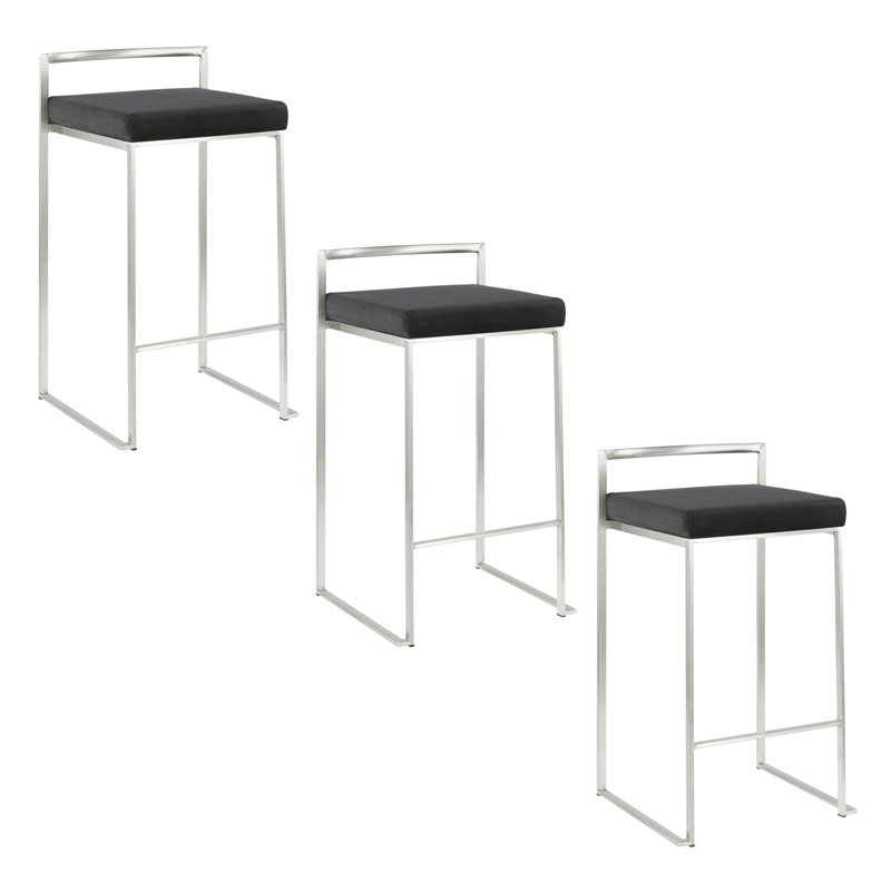 Tabouret de comptoir empilable 26 po contemporain en acier inoxydable avec coussin en velours noir - ensemble de 3, 3, Noir