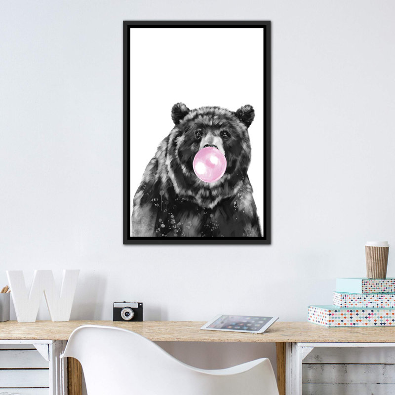 «Bubble Gum Big Black Bear» par Big Nose Work - impression d'art graphique, Pas de tapis, Toile avec cadre noir patiné