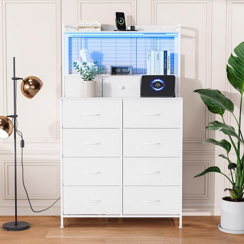 11 Drawers Fabric Tall Dresser with LED Lights & Charging Station, Storage Chest with Open Shelves for Bedroom Entryway