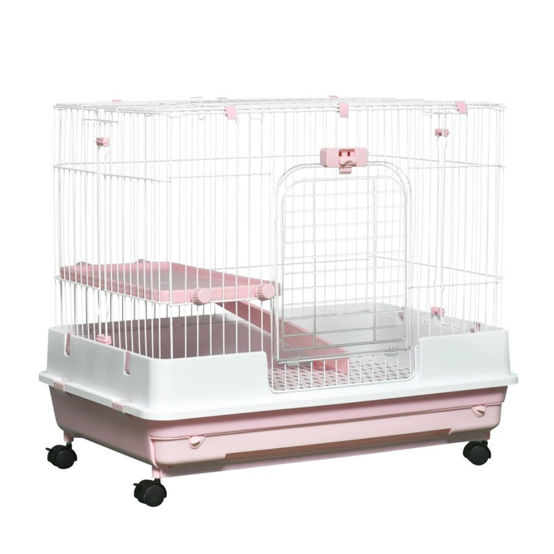 Cage en métal rose pour petits animaux avec roulettes pour lapins, cochons d'Inde et furets - Cage pour animaux d'intérieur avec plateau amovible