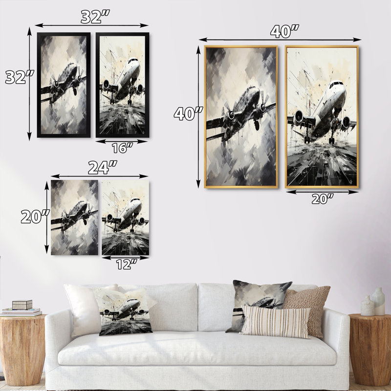 «Avion monochromatique en vol» - 2 pièces, Cadre noir, H 20 po x l 24 po