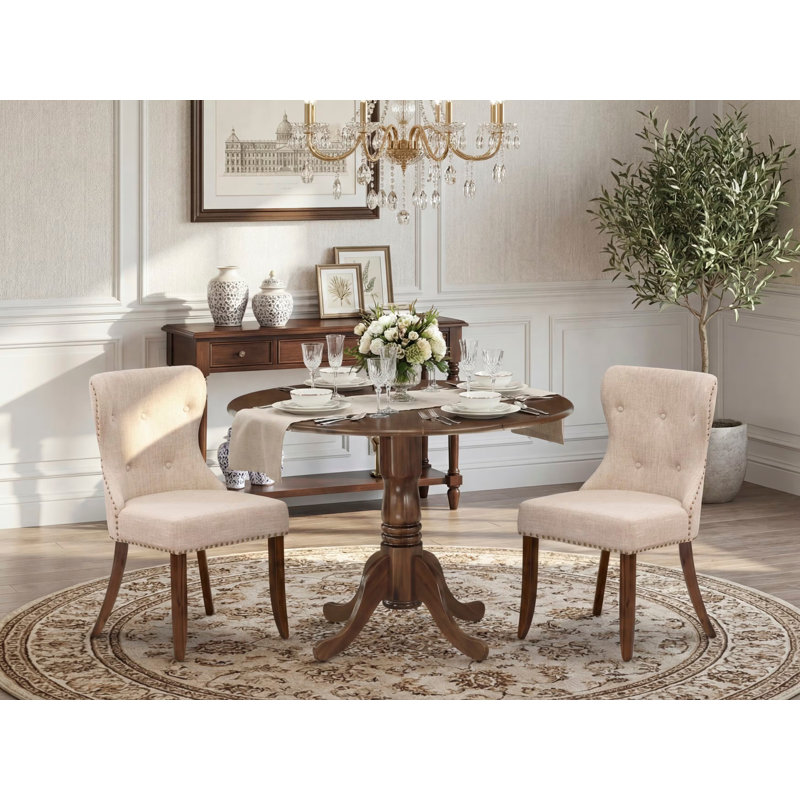 L'ensemble de salle à manger 3 pièces contient une table de cuisine ronde avec Dropleaf et 2 chaises Parson rembourrées, noyer antique