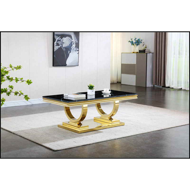 Modern Rectangular Black Marble Coffee Table with Gold Stainless Steel Base