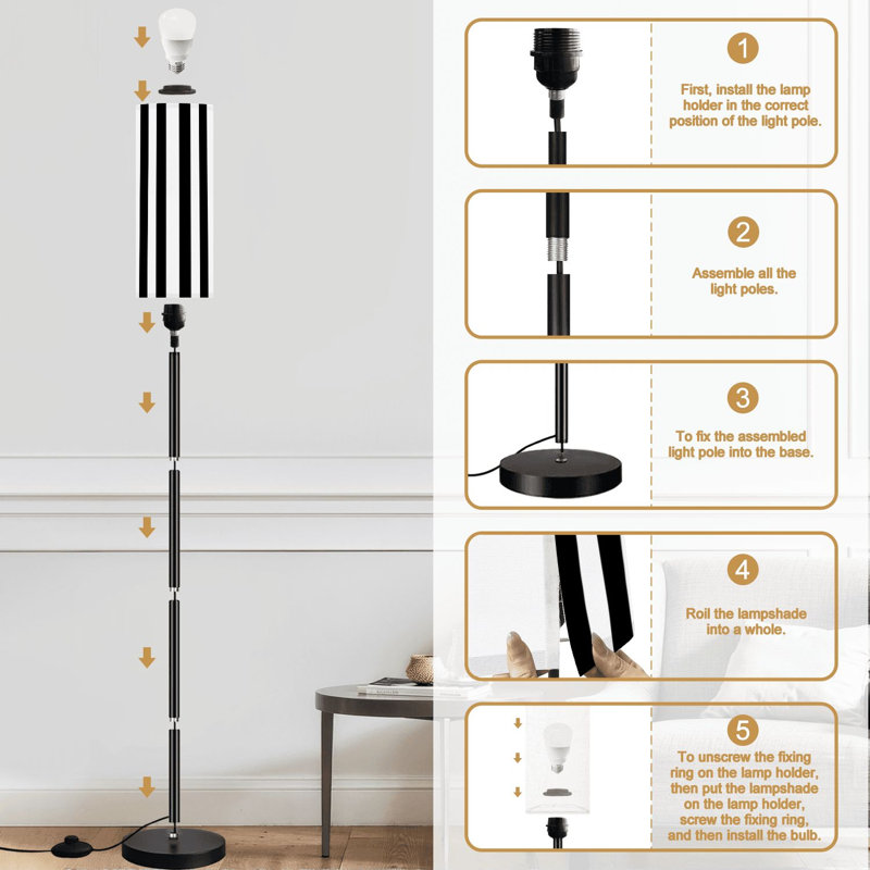 Lampe sur pied rayée noir blanc à intensité variable moderne avec télécommande et pédale abat-jour abat-jour grand poteau d'angle pour le salon, la chambre et le bureau