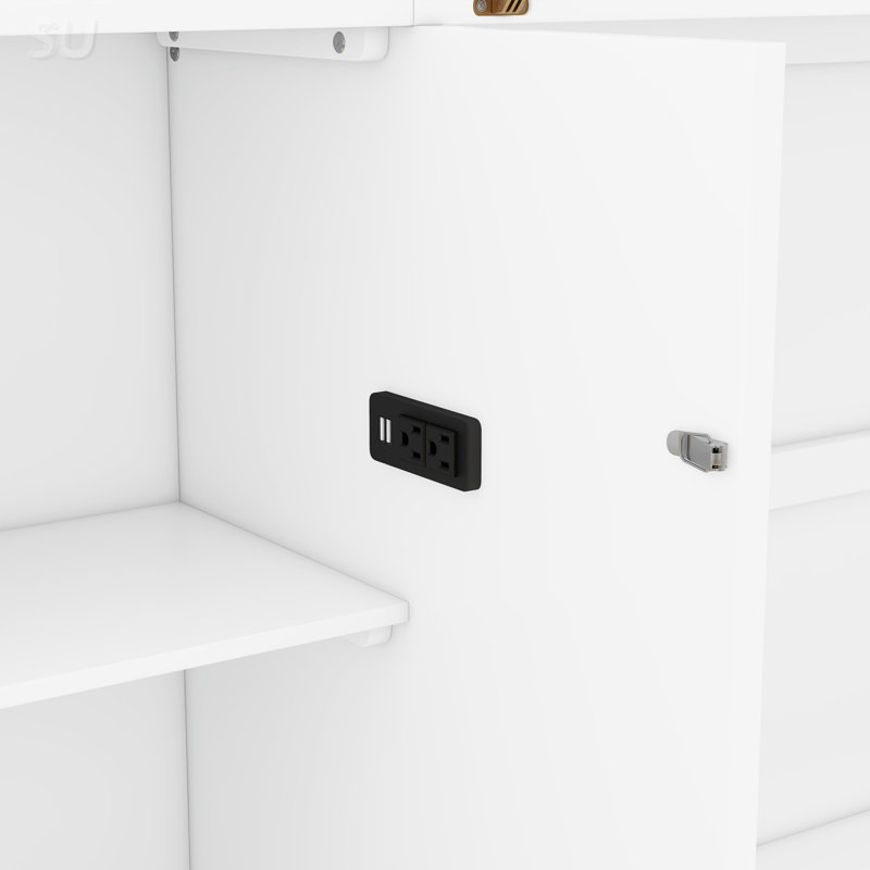 Lit escamotable avec tablettes et tiroirs Murphy, Blanc, Grand lit