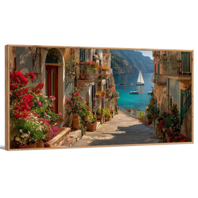  Extra Large Amalfi Coast Canvas Wall Art Framed, Italian Mediterranean Coastal Landscape Painting, Serene Nature Italy Wall Art, Gallery Wrapped Print for Living Room Bedroom 48x24in