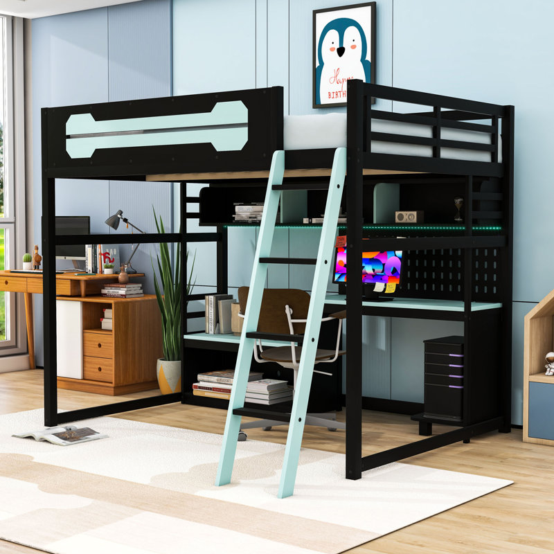 Lit mezzanine double avec bandes lumineuses, ports USB, bureau, tablettes et panneau perforé, Noir / Bleu
