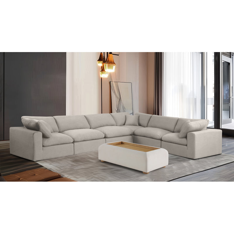 Huggett Upholstered L-Shaped Sectional Reversible, Beige Linen Textured Fabric