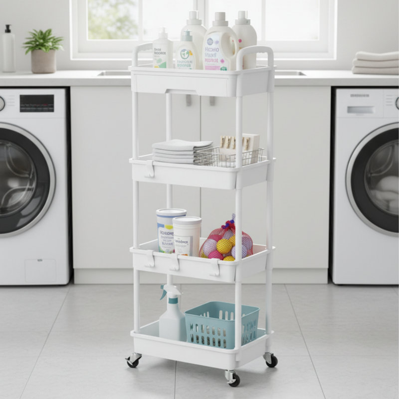 White 4-Tier Rolling Storage Cart, Slim & Wheeled, Kitchen Office Snacks Diapers Organization, White