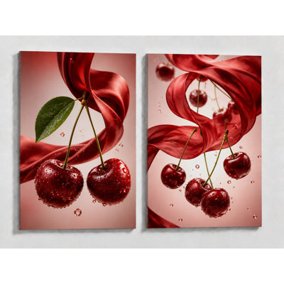Très grand ensemble de 2 art mural cerise fraîche, toile de cuisine de fruits cerises rouges, décor de nourriture botanique de salle à manger de ferme moderne, impression sur toile 24 x 36 pouces - prête à être accrochée