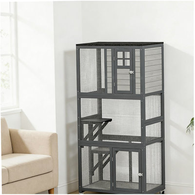 PawHut 74" Wooden Catio Outdoor Cat House Weatherproof & Wheeled, Outside Cat Enclosure with High Weight Capacity, Kitten Cage Condo, Light Gray