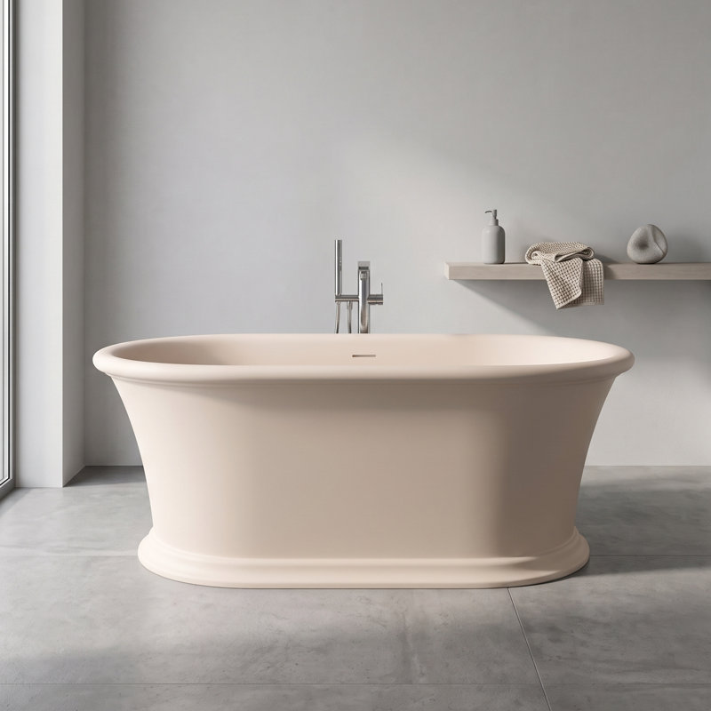 Baignoire de trempage autoportante de 61 po à surface solide avec base cannelée d'inspiration romaine, résine de pierre crème chaude