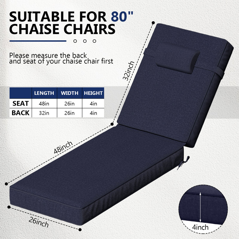 Outdoor Olefin Chaise Lounge Cushions, Navy, 48" W x 26" D