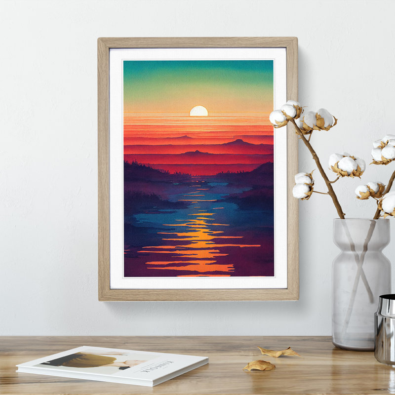 Sunset over Mountains - Wall Art, 36cm H x 27cm W x 2cm D, Walnut Framed Paper, White