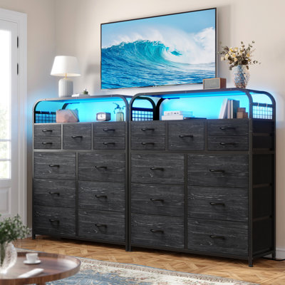 11 Drawer Dresser With 2-Tiers Shelf, Dresser For Bedroom With Led Lights, Power Outlets, Tall Chest Of Drawers