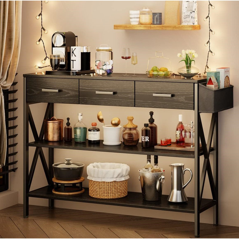 47" Modern Console Table with MDF Board, Metal Legs, 3 Drawers & 3-Tier Storage Shelves, Black