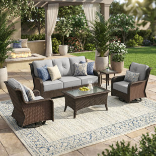 5 Pieces Outdoor Wicker Swivel Glide Chair Set With Cushions, Coffee Table