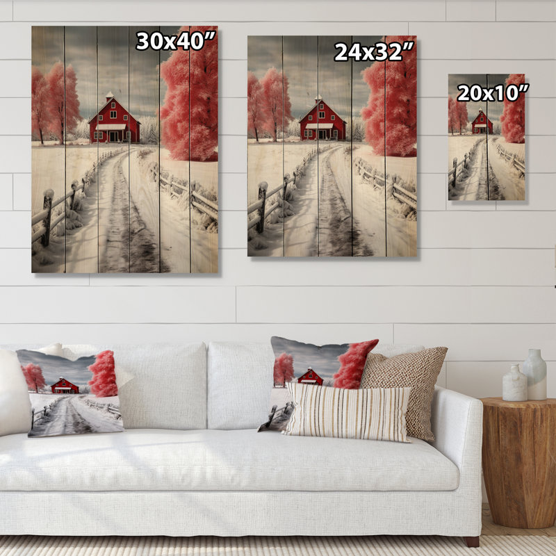 Rouge et blanc Winters Barn - impression sans cadre sur bois, H 32 po x l 24 po x P 0,78 po