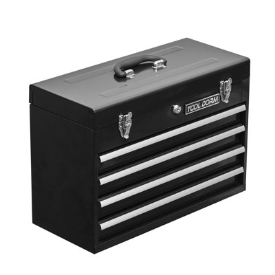 Metal Toolbox With 4 Drawers, Portable Steel Toolbox With Metal Cylinder Lock And Latch, Lining, Black And Red Two-Tone Powder Coating For Garage, Warehouse And Outdoor Repair Work