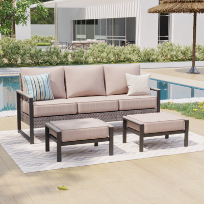3 Pieces PE Rattan Patio Set, 3-Seater Sofa With Thick Cushions and Sturdy Frame