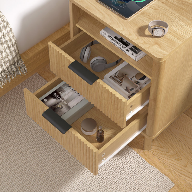 17.7'' W 2-Drawer Nightstand with Charging Station, Fluted Bedside Table with Open Cubby