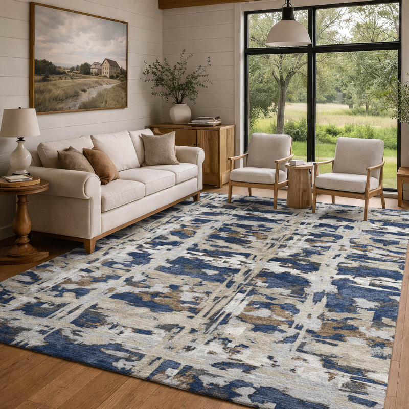 Tapis moderne lavable à la machine intérieur / extérieur ACN2928, Navy, 9' x 12'