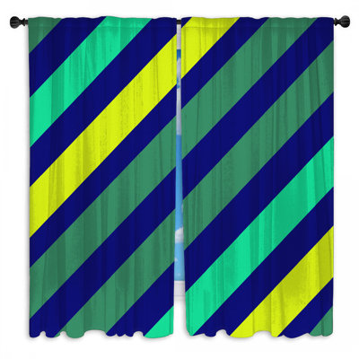 Rideaux de fenêtre bleu et vert à rayures et voilage - 2 panneaux