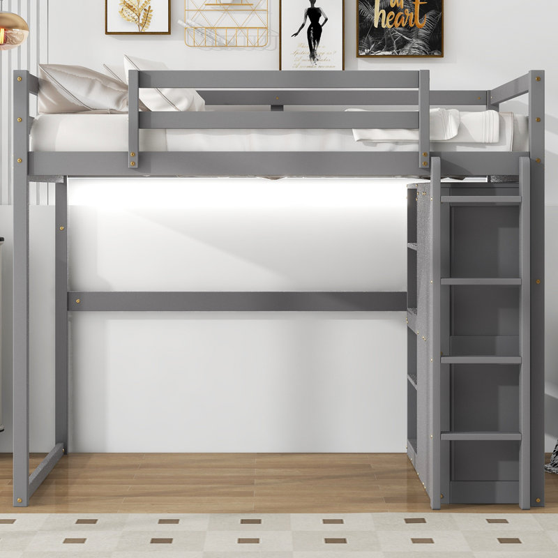 Lit mezzanine double en bois avec garde-robe intégré et tablettes de rangement, lumière DEL, gris, Gris