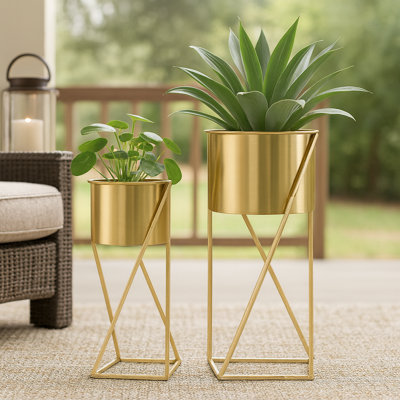 Ensemble de pots à fleurs modernes dorés avec supports, ensemble de 2 grands pots de plantes d'intérieur en métal pour la maison, le bureau et le salon