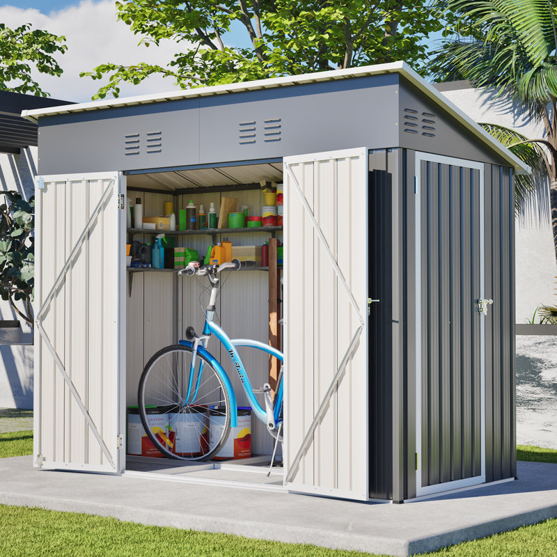 Outdoor Metal Lean-To Storage Shed, Galvanized Floor Frame, Lockable Garden Tool Shed With Side Wall Entry Door