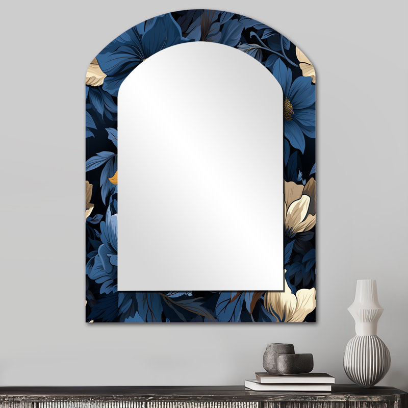 Olavo Nightfall Dark Blue And White  Floral Pattern - Floral Asymmetrical Wall Mirror, Blue Arch Decorative Mirror, Printed Metal Art