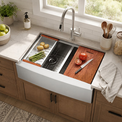 Évier de cuisine en acier inoxydable de 36 po x l 22 po avec poste de travail à double cuve et tablier frontal à double cuve avec accessoires