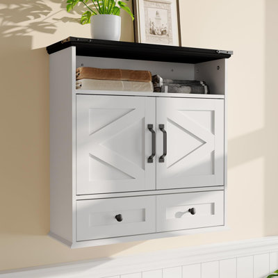 Farmhouse Wall-Mounted Bathroom Storage Cabinet with Barn Doors & Drawer, 23.6" Wide Adjustable Shelving