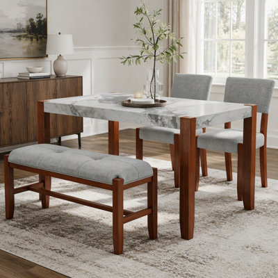 Ensemble de salle à manger 4 pièces peu encombrant avec table aspect marbre, 2 chaises rembourrées et 1 banc, pieds en hévéa massif, assise rembourrée, dossier incurvé