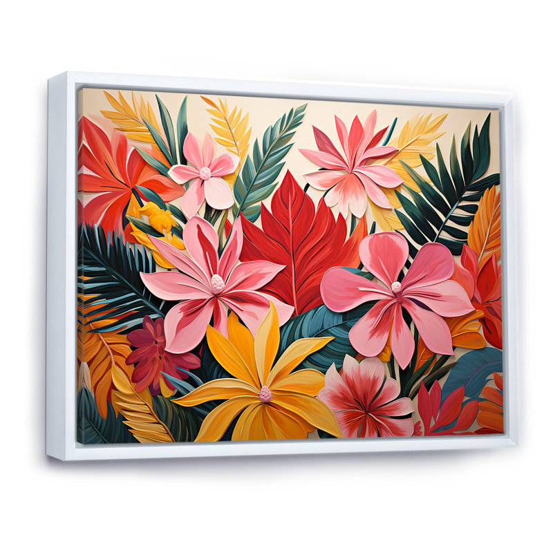 Motif de jungle tropicale rose floral II - art mural floral, Cadre flottant blanc, H 30 po x l 40 po x P 1,5 po