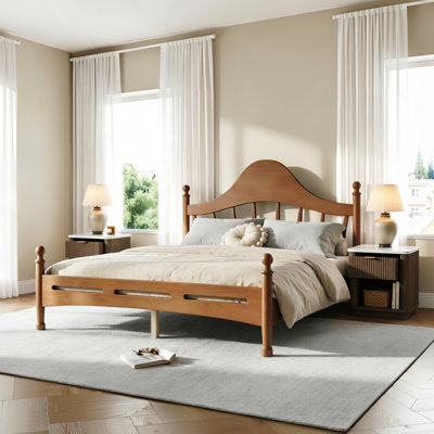 Ensemble de chambre à coucher 3 pièces, 3 pièces, 1 grand lit plateforme en pin massif et 2 tables de chevet cannelées 