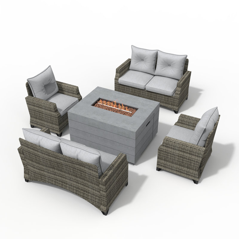Schwerin Wicker 6 - Person Patio Conversation Set with Cushions