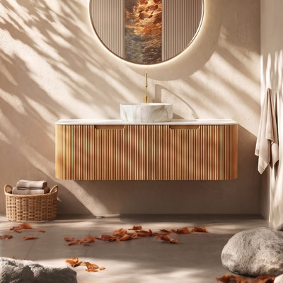 Meuble-lavabo de salle de bain à rebords incurvés pré-assemblés avec lavabo et tiroir en céramique, sans robinet, couleur grain de bois naturel