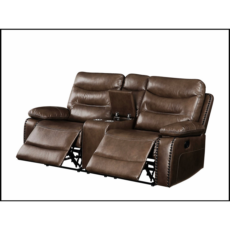 Causeuse inclinable en cuir brun GEL Aashi avec console centrale et rangement, alliant style et confort pour une vie moderne.