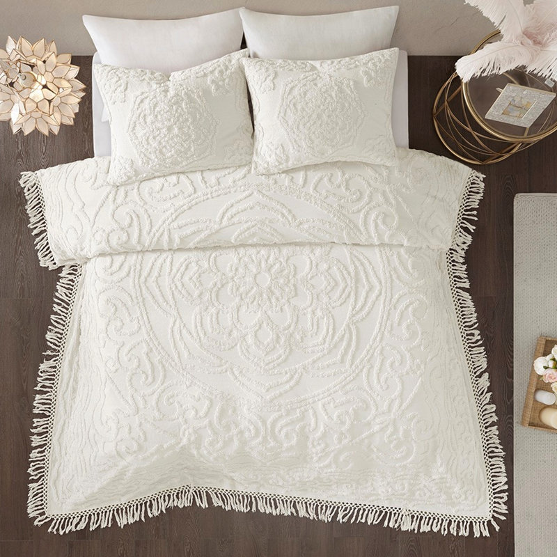 Couvre-lit à médaillon en coton chenille, King Comforter + 2 Additional Pieces, Blanc cassé