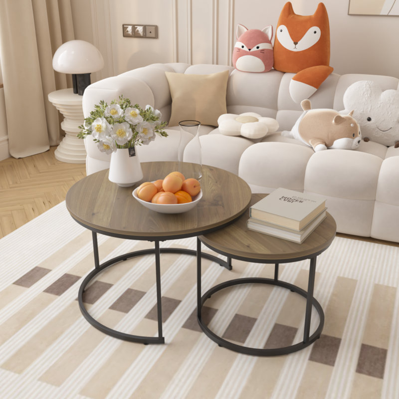 Ensemble de 2 tables basses gigognes de 70 cm (27,6 po), table basse ronde avec plateau en bois à motif de marbre et structure en métal, table d'appoint multifonctionnelle pour salon, chambre, balcon ou jardin, brun