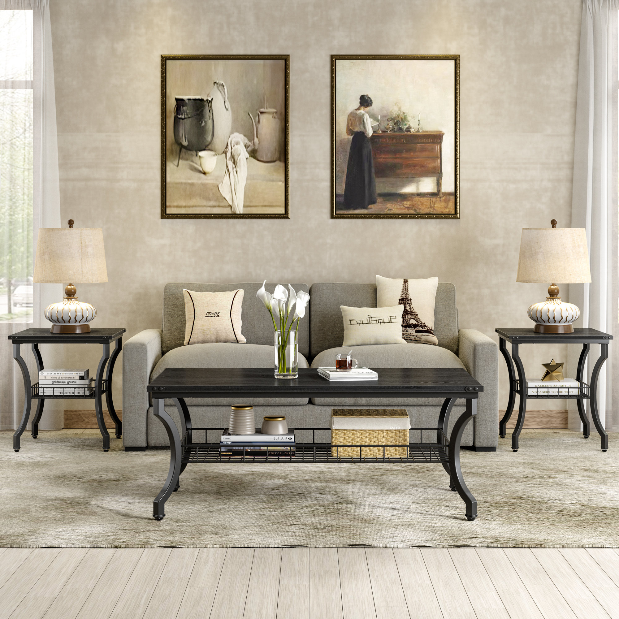 Vecelo 3-Piece Coffee Table Set With 2 Nightstand End Tables – Composite Wood/Metal, Contemporary, With Storage