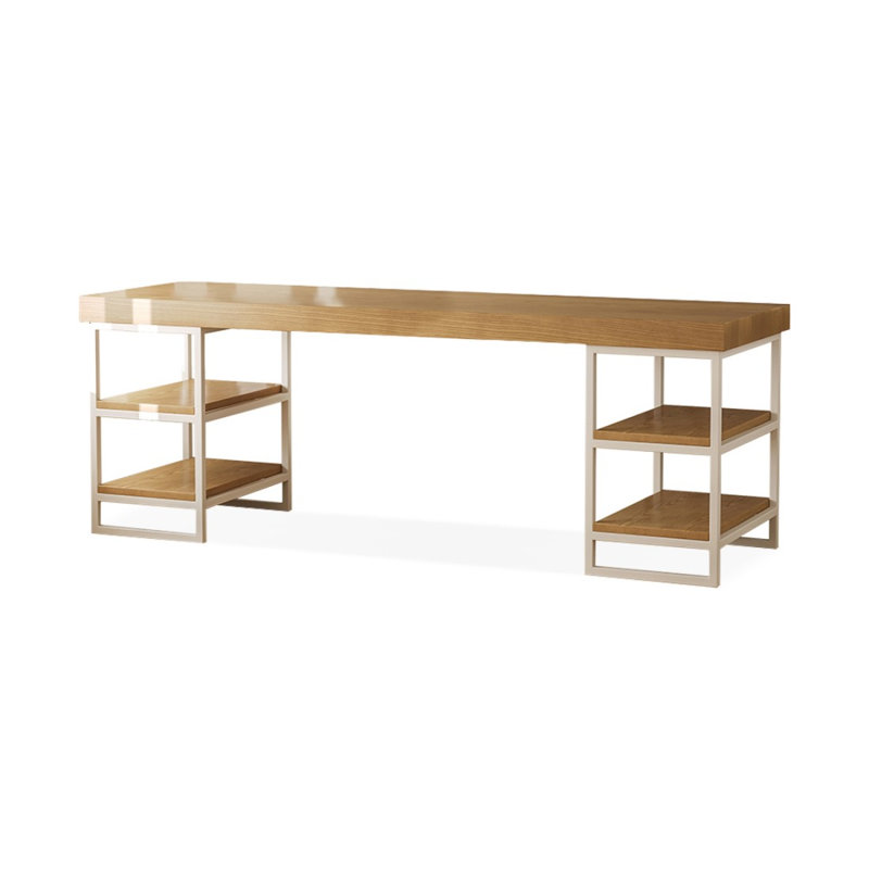 Brown + White Rectangular Solid Wood + Iron desk, 29.53" H x 86.61" W x 23.62" D