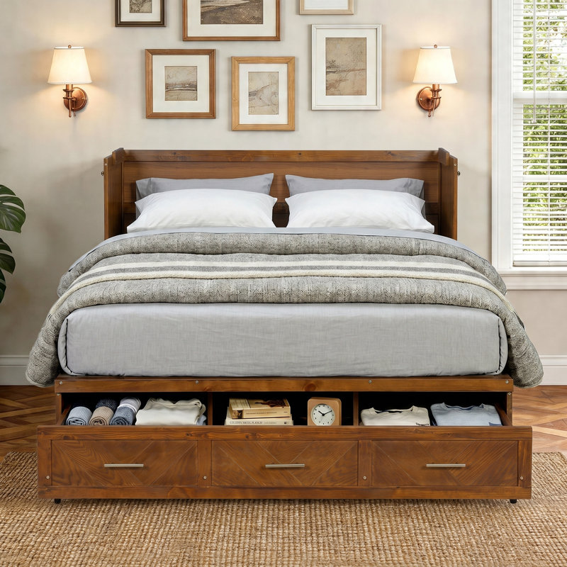 Grand lit escamotable avec grand tiroir de rangement, armoire murale en bois de pin avec station de charge USB intégrée