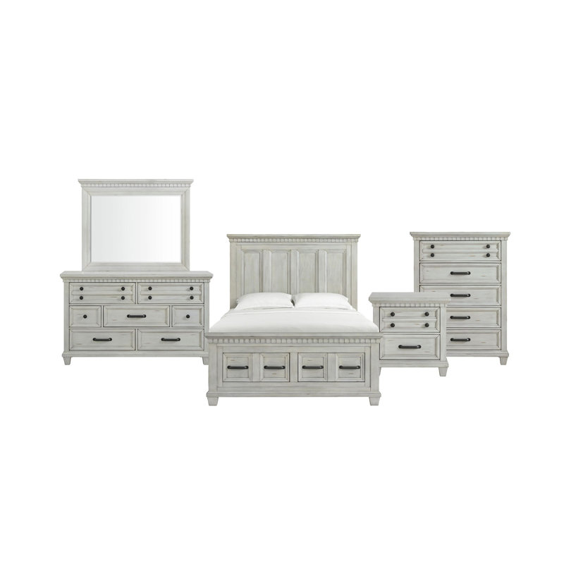 Palermo Storage Bedroom Set, Queen, Antique White, 5 Pcs: Bed, Dresser, Mirror, Chest, Nightstand